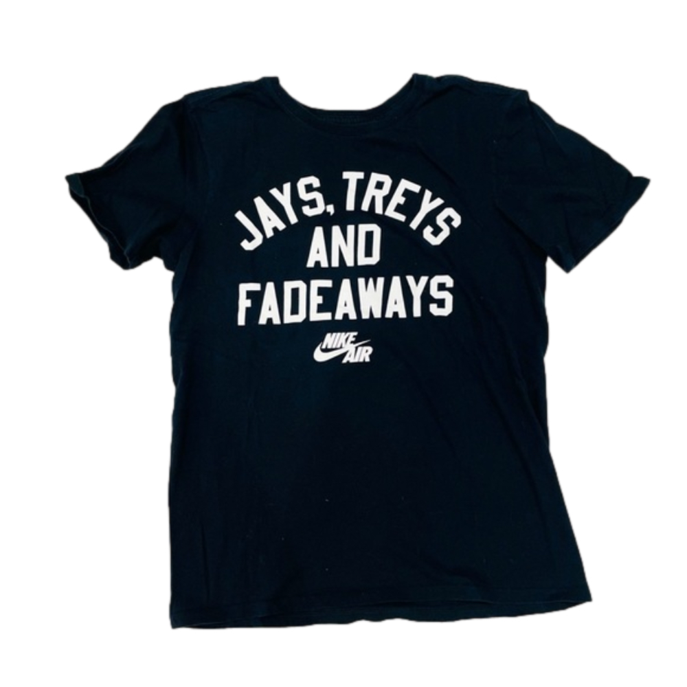Nike Air Jays, Treys and Fadeaways Basketball Graphic Black Crewneck T-Shirt S